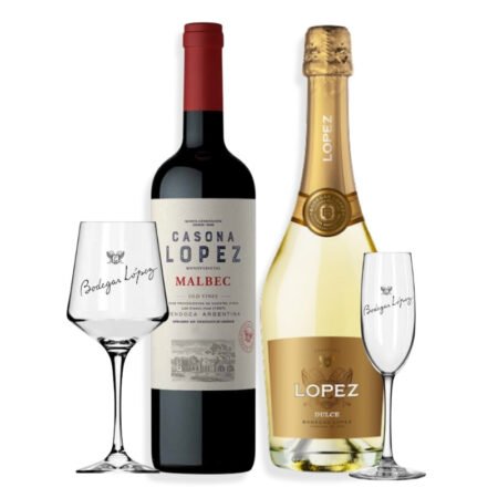 Mix 1u Copa López Champagne 200ml + 1u López Dulce 750ml + 1u Copa López Brunello 460ml + 1u Casona López Malbec 750ml