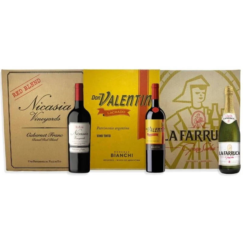 1 CAJA NICASIA VINEYARDS RED BLEND CABERNET FRANC 750ML + 1 CAJA DON VALENTÍN LACRADO TINTO BLEND 750ML + 1 CAJA LA FARRUCA GRAN SIDRA 910ML