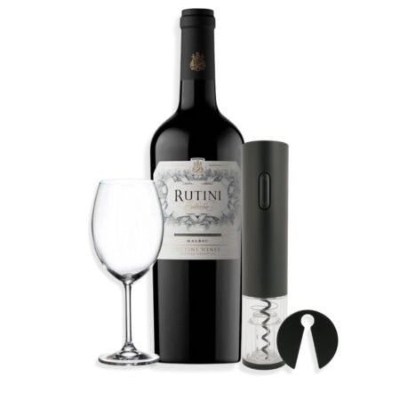 Mix 1u Rutini Malbec 750ml + 1u Copa De Cristal Bohemia Golden Prague Vino 600ml + 1u Destapador Automático Eco + Cortasello