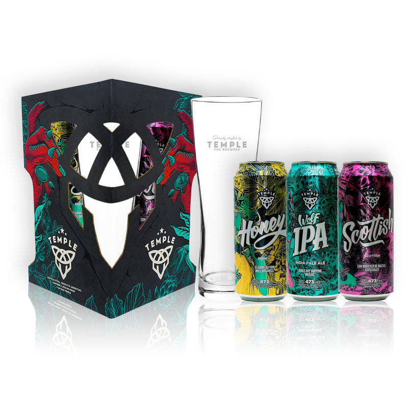 GIFT PACK TEMPLE 1 VASO + 3 LATAS 473ML WOLF IPA - SCOTTISH - HONEY