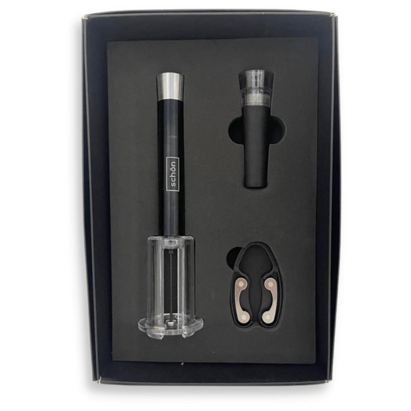 SCHÖN SET VINO TAPÓN BOMBA DE VACÍO + DESTAPADOR NEUMÁTICO + CORTASELLO